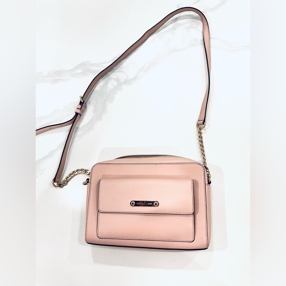 Michael Kors Pink Saffiano Leather Crossbody Bag with Gold Chain Strap